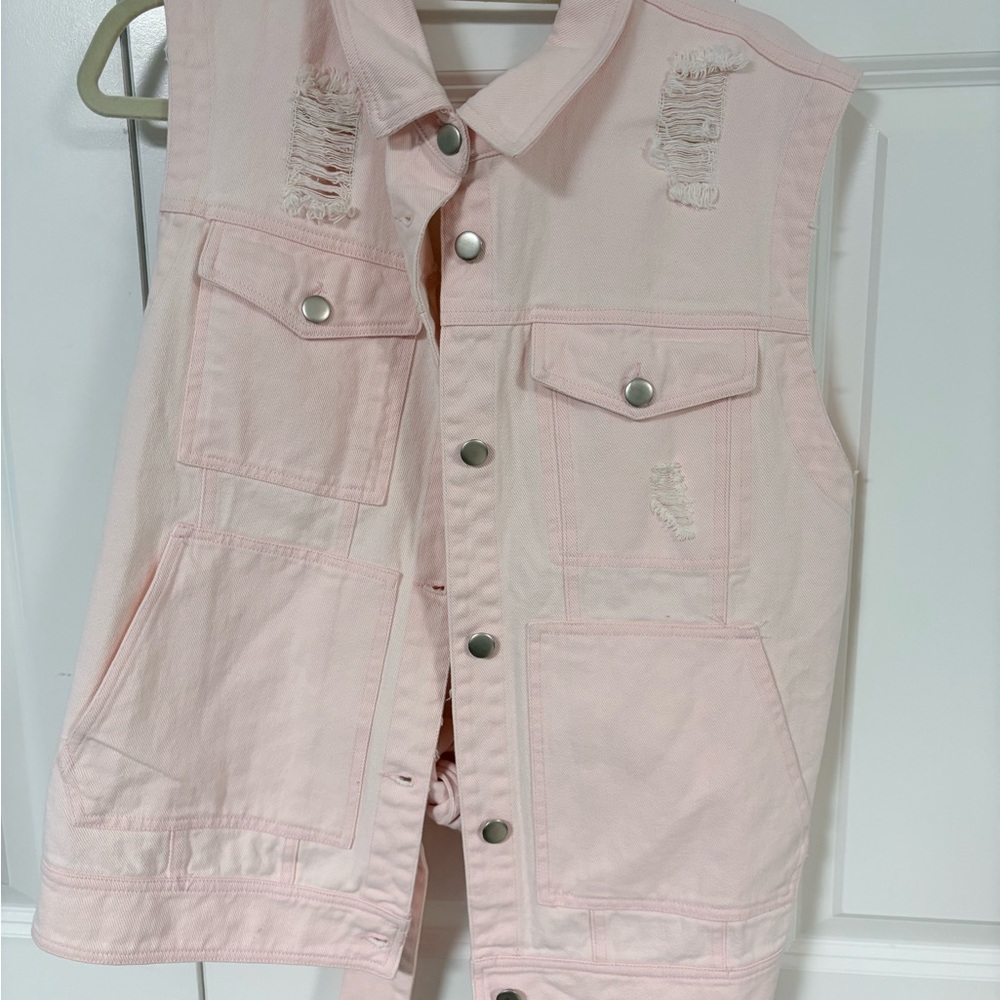 Light Pink Distressed Denim Vest - Women